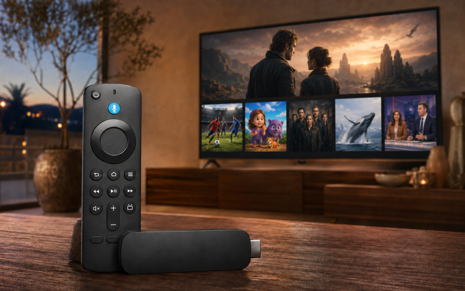 Fire TV Stick y mando por voz frente a una televisión con cine, fútbol, animación, series, documentales y programas de TV
